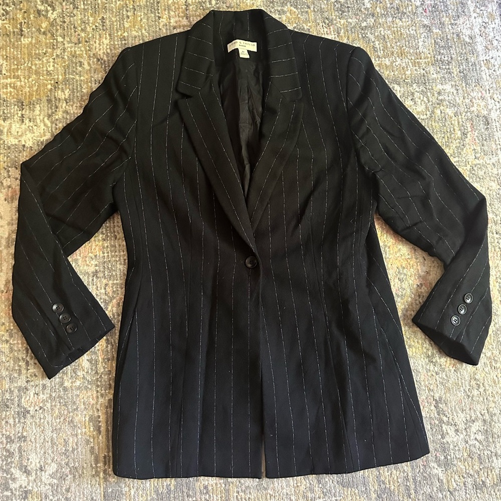 Vintage Pinstripe Blazer 100% Wool Single Breasted Coat Black White Office Work